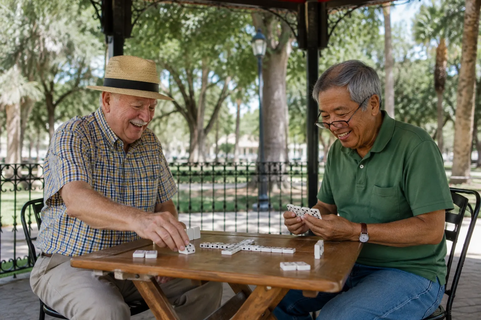 Two older men laughing over a game of dominoes under a gazebo, a social way to support cognitive health for seniors